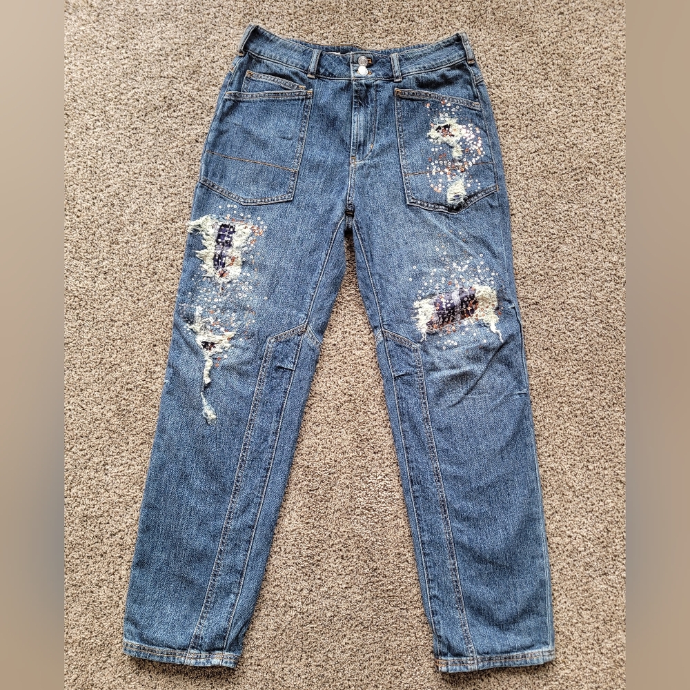 Anthropologie Pilcro Womens Jeans 27 The Wanderer Relaxed Patchwork Sequin Denim